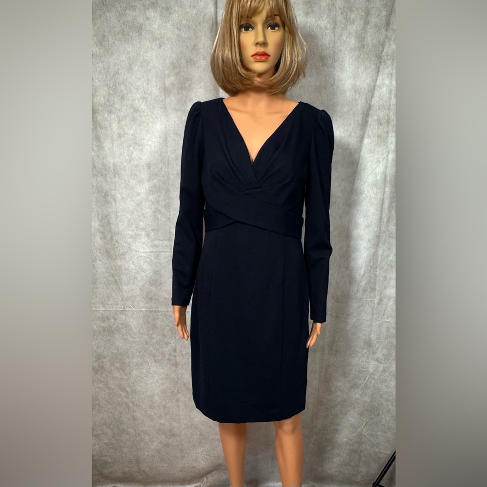 Elie Tahari Blue Ruched V-Neck Puff Sleeve Dress